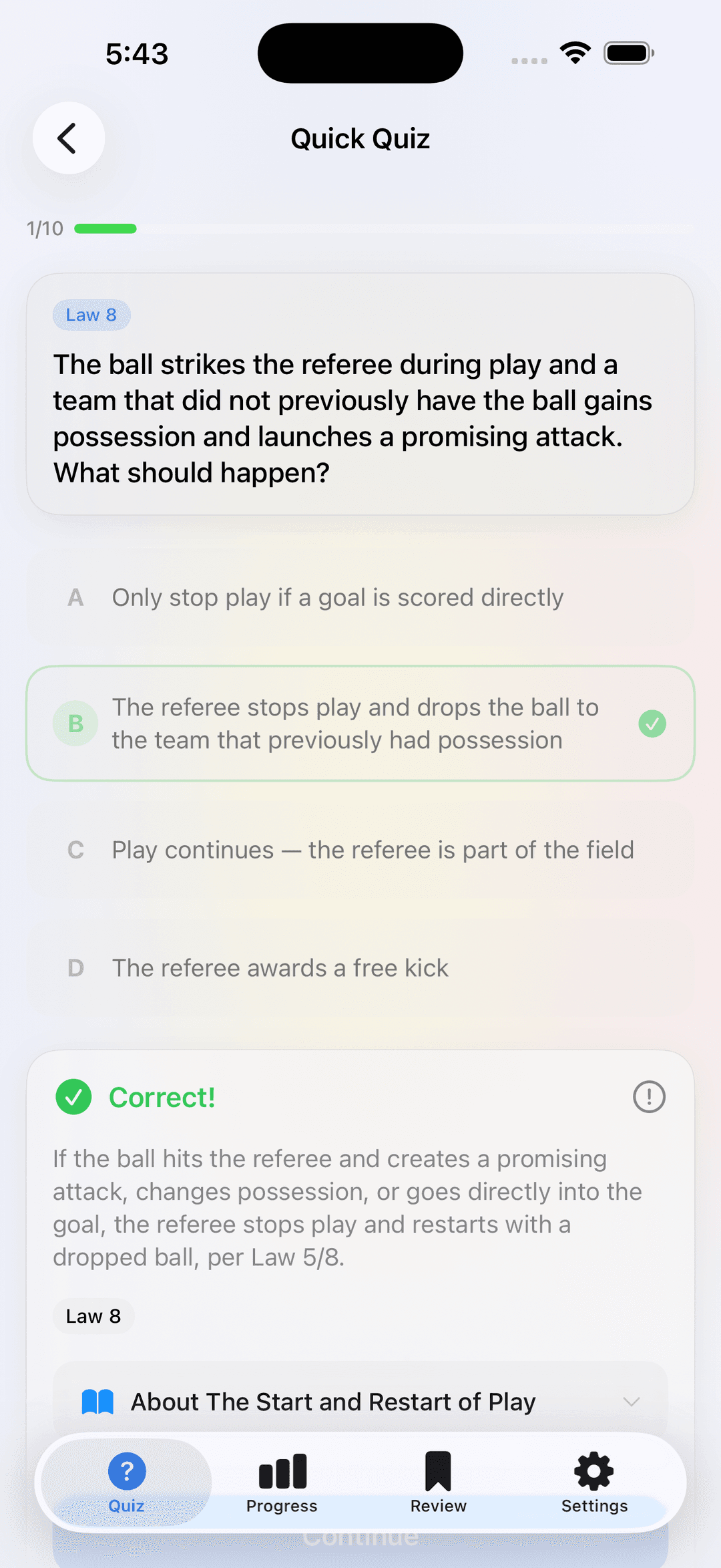 Law 18 quiz question with feedback